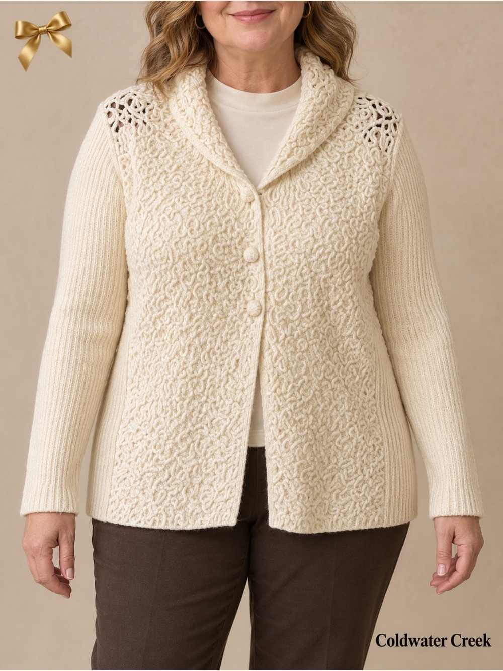 Coldwater Creek Cardigan Sweater 1X Cream Textured Wool Angora Rabbit Hair